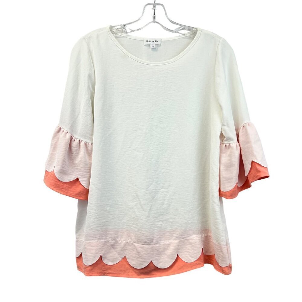 Hailey & Co. Women’s Short Ruffle Sleeve Pullover Blouse Ivory/Coral Small